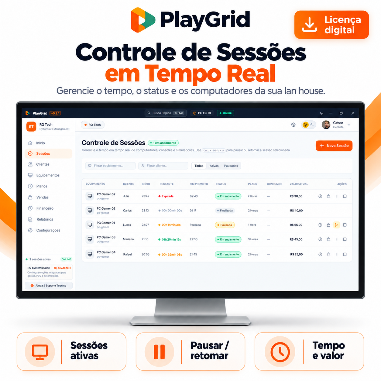 Tela do PlayGrid com a lista de sessões em tempo real