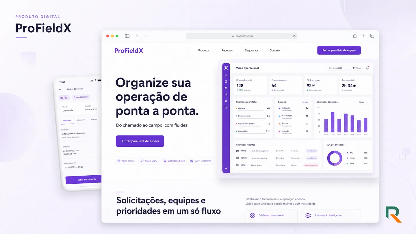 Página de apresentação do ProFieldX com painel operacional e tela mobile de ordem de serviço.